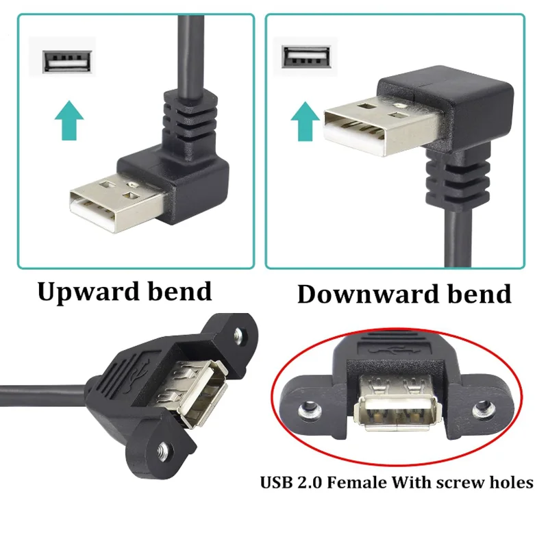 USB 2.0 A Male to Female Tape Panel Mounting Acrew Hole Computer Extension Adapter Cable 90 Degree Angle UP Down Left and Right