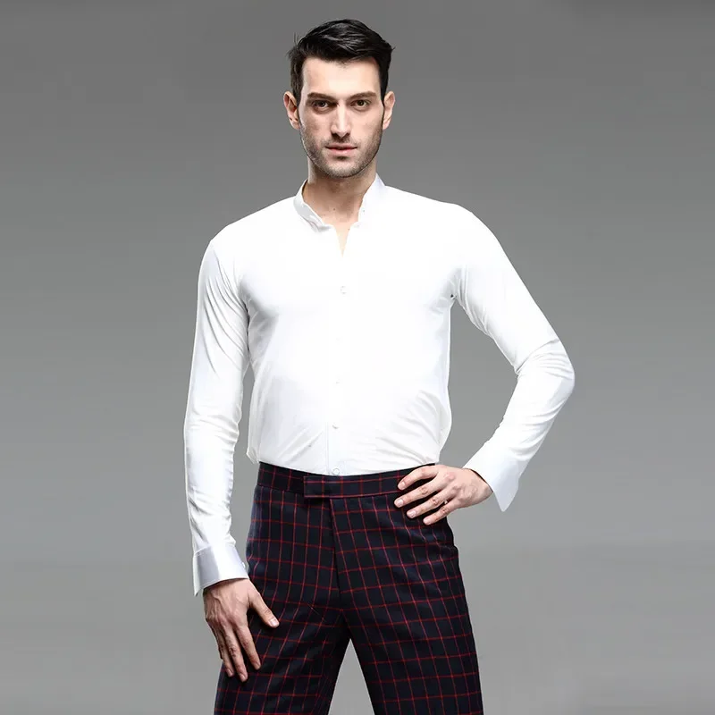 

Nouveaux hommes chemise de danse blanche compétition Performance salle de bal moderne Salsa Tango Samba haut latin hommes