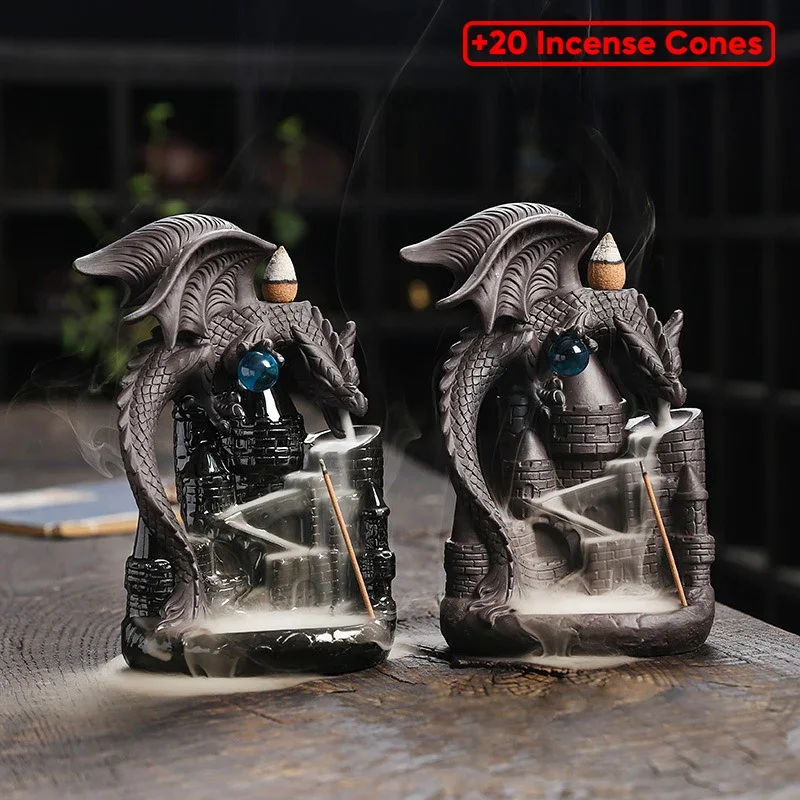 

Purple Sand Dragon Inverted Incense Burner Creative Ceramic Castle Winged Dragon Inverted Smoke Incense Burner Ornaments Crafts