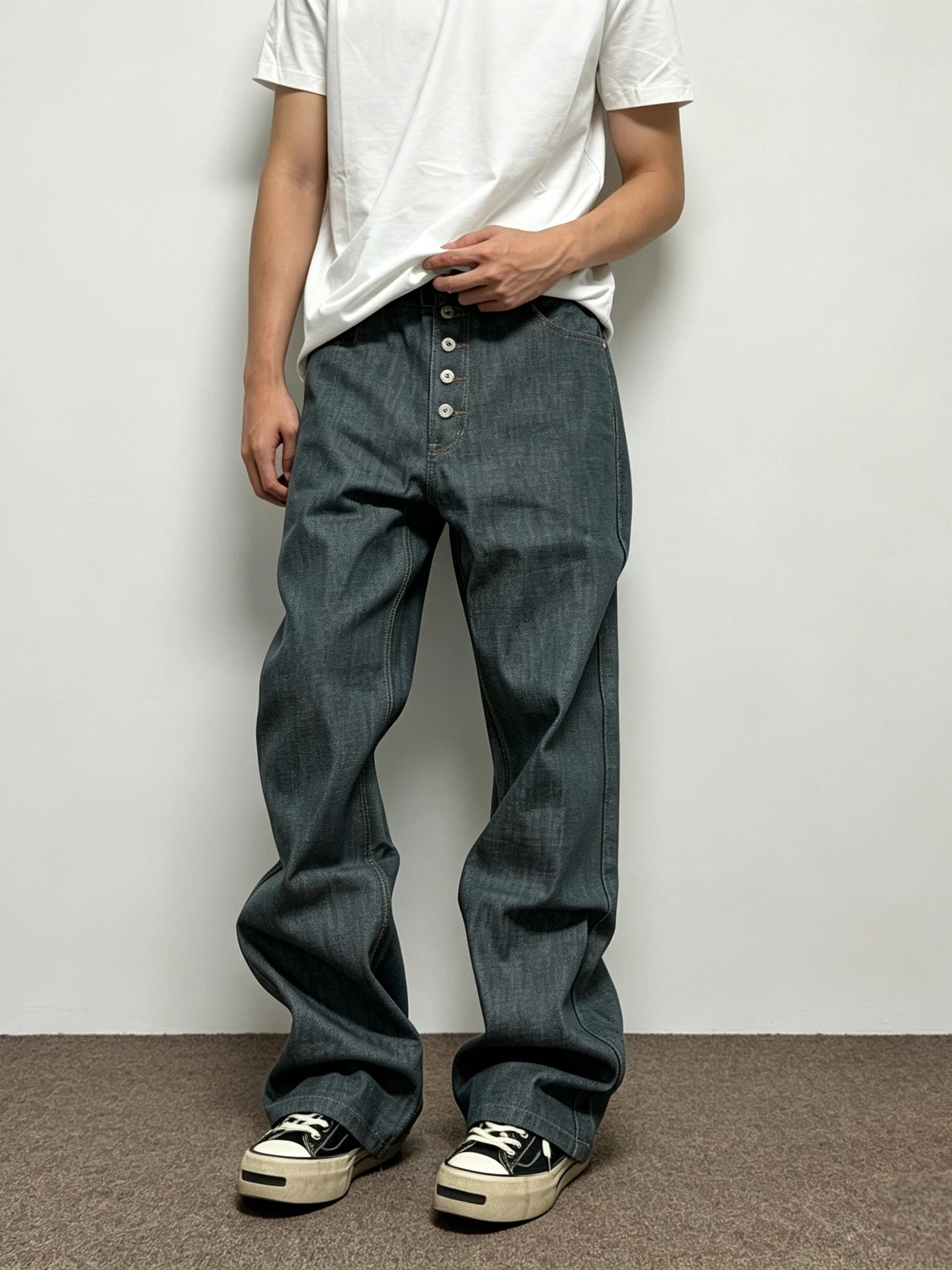 American Street Style Five-Button Loose Fit Neutral Men's Jeans Hard And Stiff Silhouette Wide Leg Casual Blue Denim Jeans