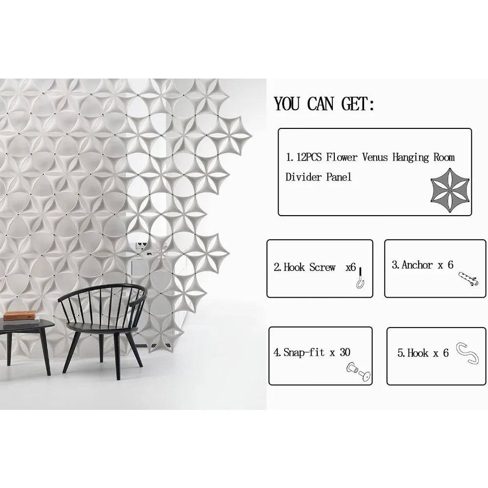 White 3D Flower Hanging Room Divider Panel, Felt Fiber Surface, High Density Polyester Board, Home Decor (12 Pcs)