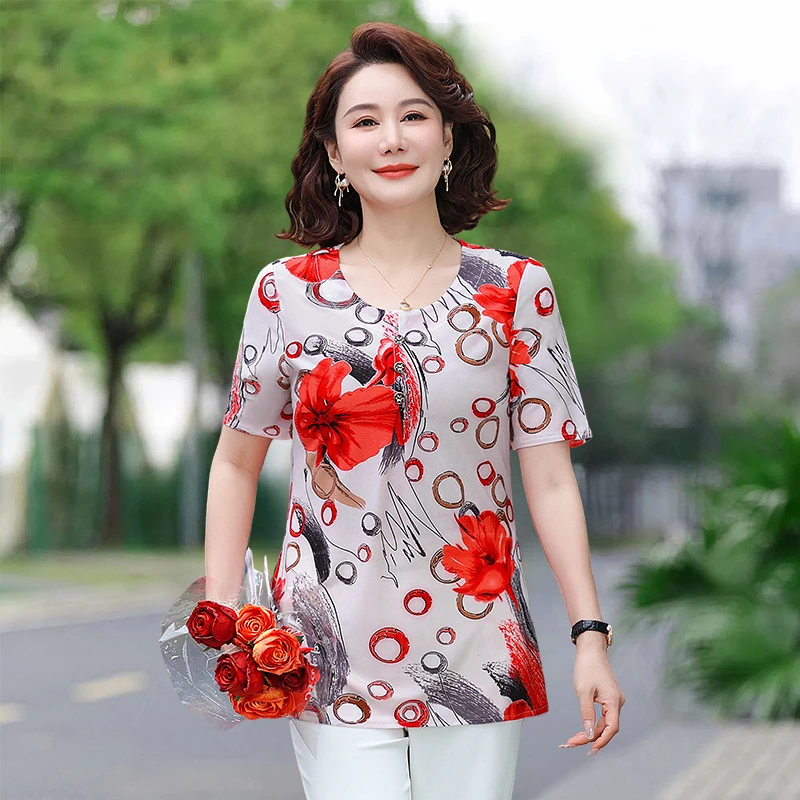 Ropa femenina ajustada a la moda elegante, camisetas holgadas informales que combinan con todo, blusa de manga corta con cuello redondo estampada