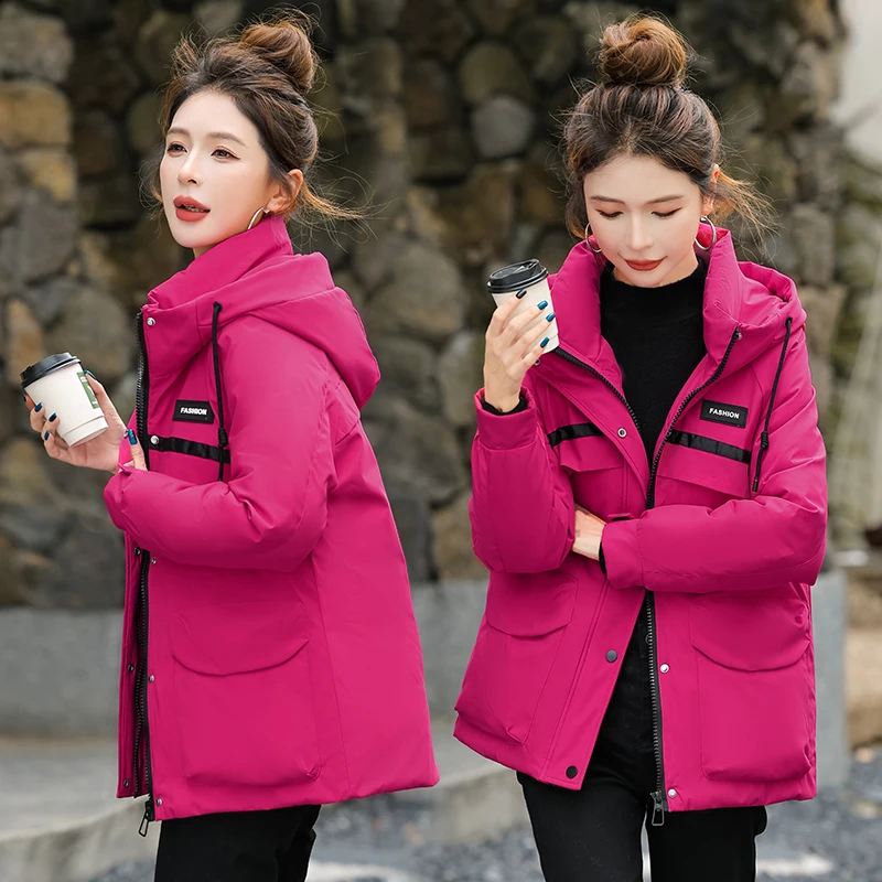 

Trendy Winter Thiened down Cotton Jaet Women's Loose Slimming Coat Warm Hooded Korean Sle Long Sve Zipper Pure Color