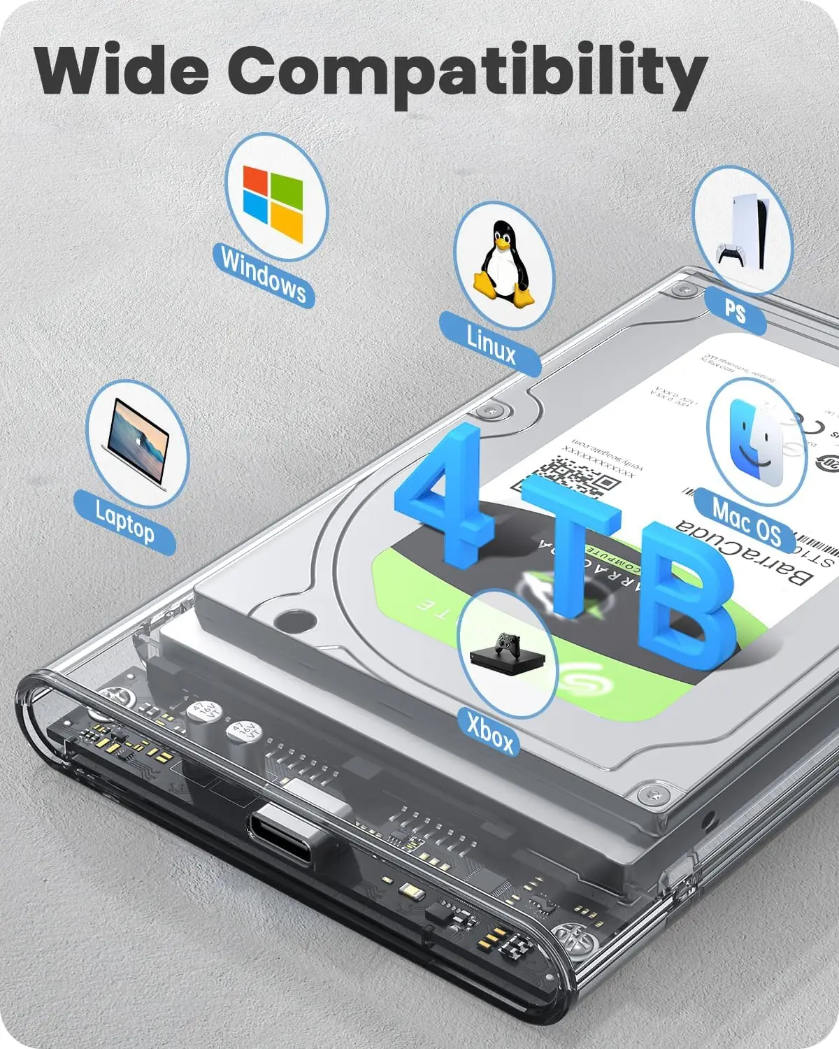 Caja de disco duro externo de 2,5 pulgadas, 6Gbps USB C 3,1 Gen 2 a SATA 3, caja de disco duro externo transparente sin herramientas para disco duro SSD de 9,5mm
