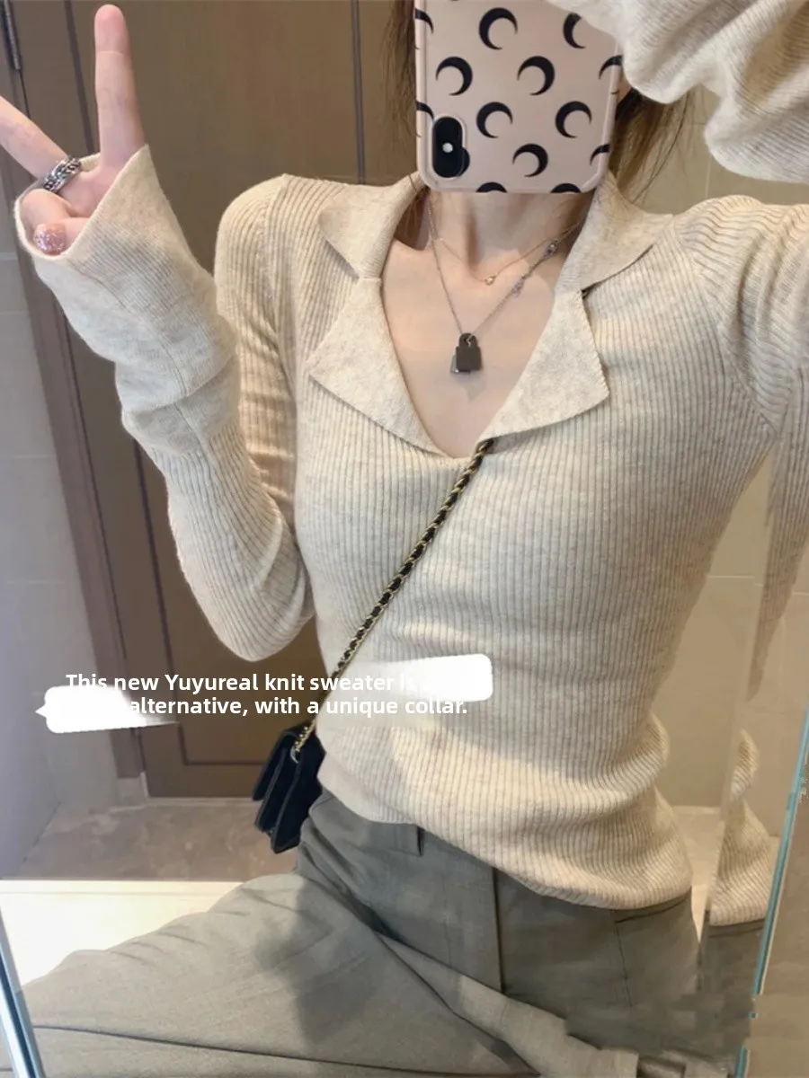 جديد خريف 2023 سترة نسائية محبوكة بقصة ضيقة قاعدة irt V-ne طويلة Sve طول منتظم للتنقل Sle لون نقي #1