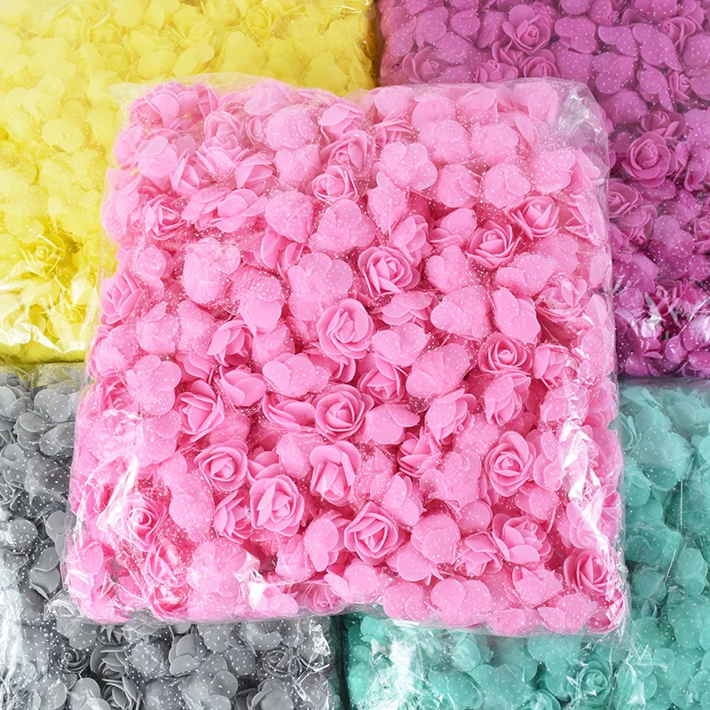 200/100pcs 2cm PE Foam Bear Rose Artificial Flower Head With Tulle Fake Flowers For Wedding Home Decor DIY Christmas Wreath Gift