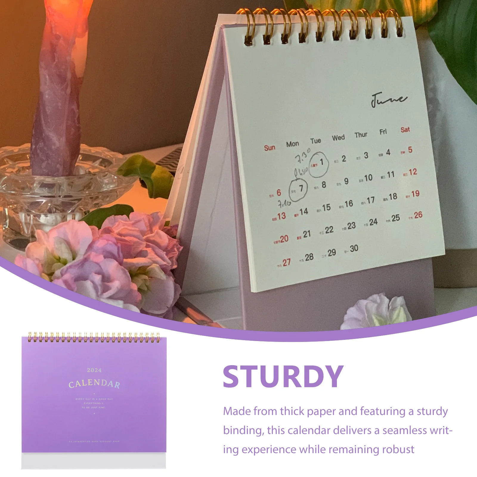 

Desktop Calendar Ornaments Mini Block for Creative Flower Purple Standing Office