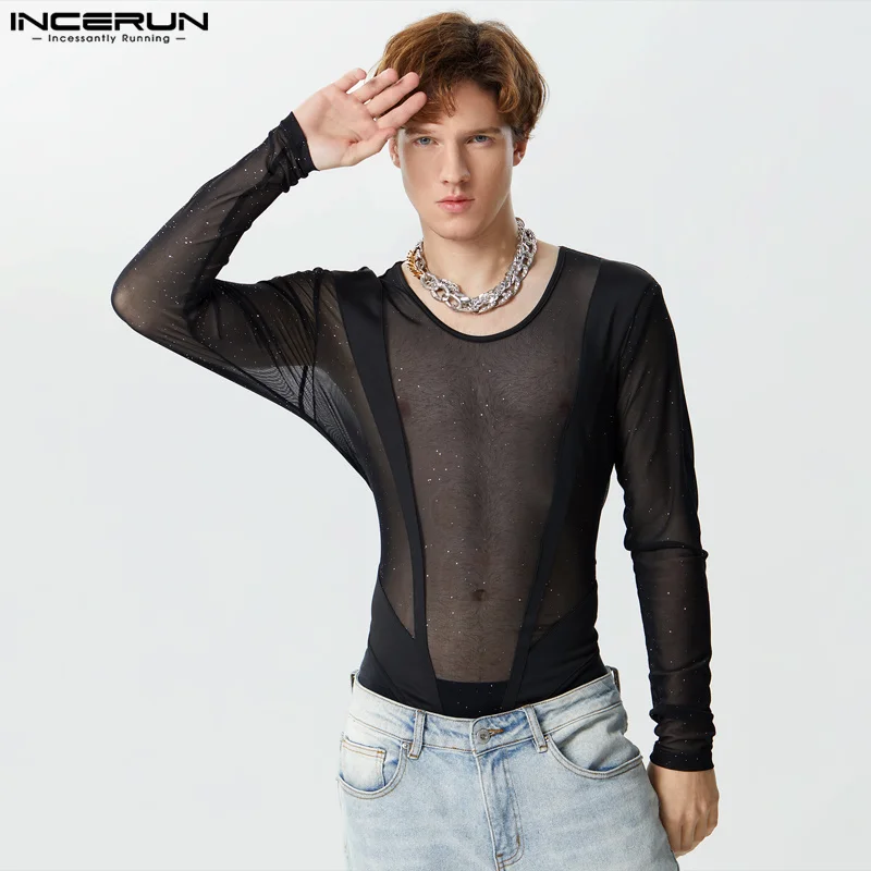 

INCERUN Men's Bodysuits Mesh Patchwork O-neck Long Sleeve Sexy Transparent Male Rompers Streetwear 2024 Skinny Fashion Bodysuit