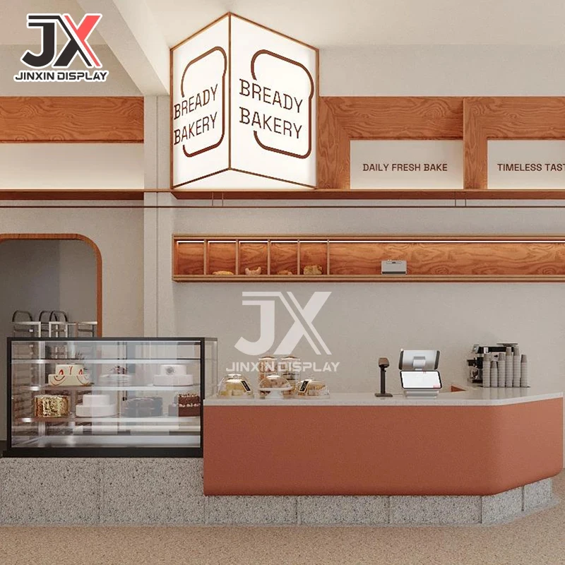 custom.Custom LED Bakery Display Cabinet Coffee Counter Bread Showcase Wooden Modern Cake Pastry Shelf Retail Cafe Furniture Sho view 2