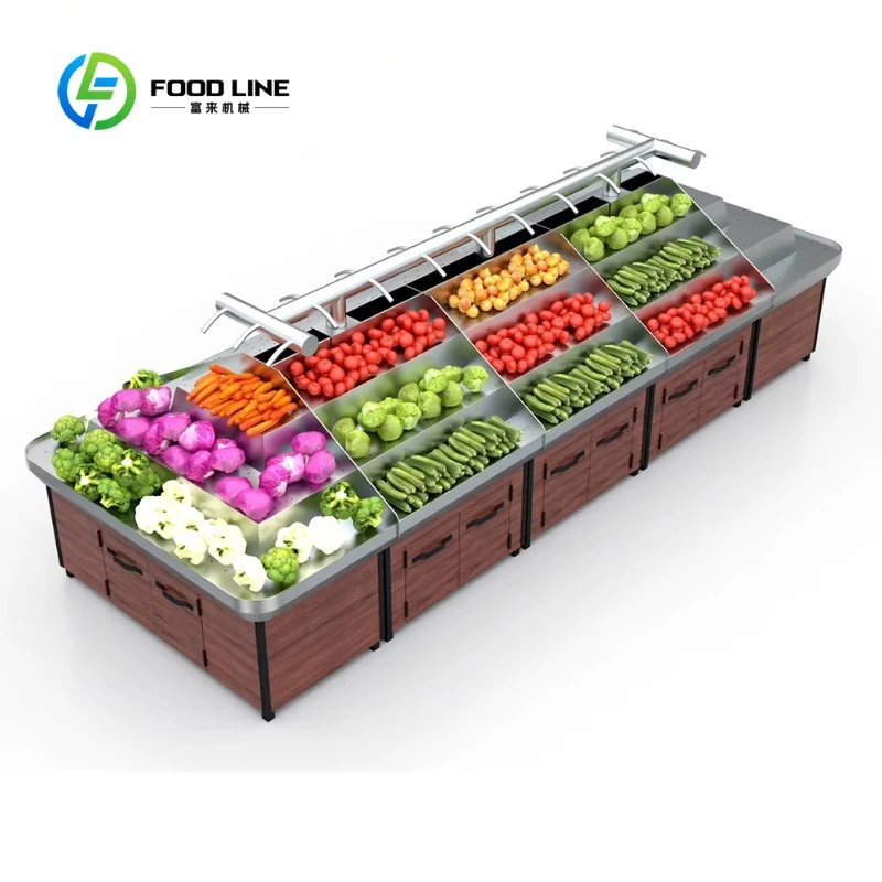 Customized Stainless Steel Spray Mist Light Duty Display Stand for Fresh Fruit and Vegetable with 3 Shelves Display Cabinet