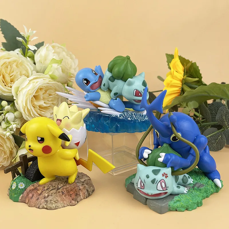 3PCS Pokemon Pikachu Squirtle Bulbasaur Szene Action-figuren Desktop Ornament Puppe Modell Auto Decor Geschenk Sammeln Trendy Spielzeug