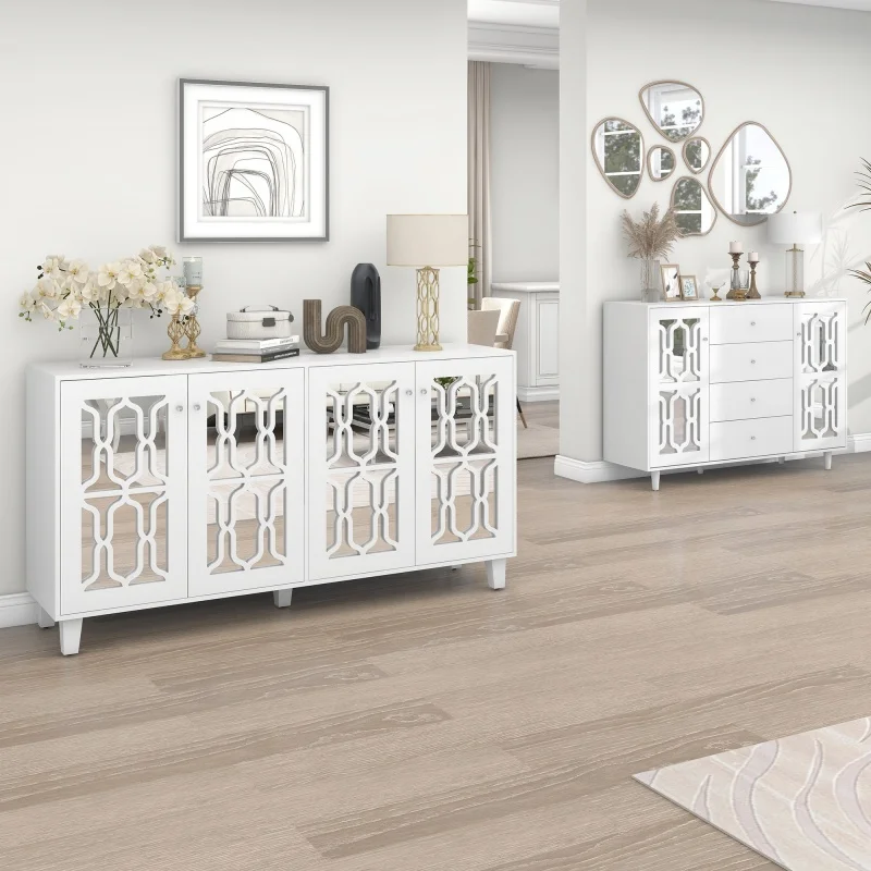 خزانة بيضاء عاكسة خزانة خزانة خزانة خزانة عرض موقف مع مقابض كريستال باردة لغرف المعيشة وغرفة الطعام 147.5x40x102 سم