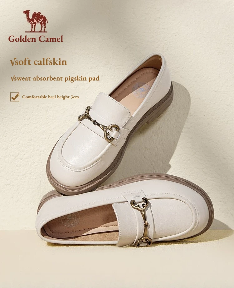 Mocasines de lujo Golden Camel para mujer, novedad primavera 2026, zapatos casuales con punta redonda, estilo británico, de cuero genuino, suaves, de tacón bajo