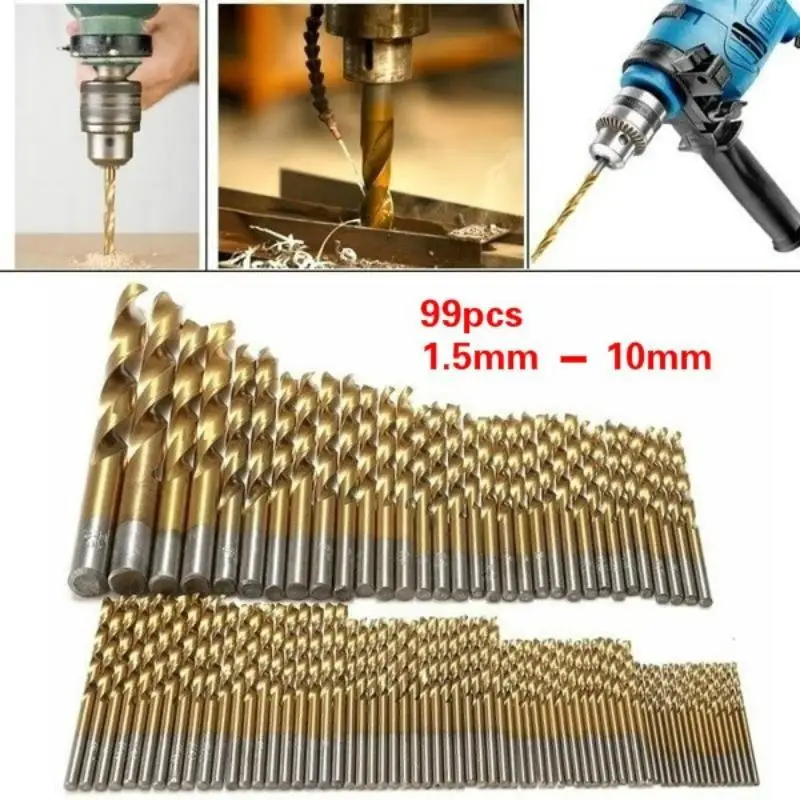 

99pcs Set Titanium Coated Twist Drill Bits High Speed Steel Mini 1.5mm to 10mm for Wood Metal Plastic Power Drilling Tools