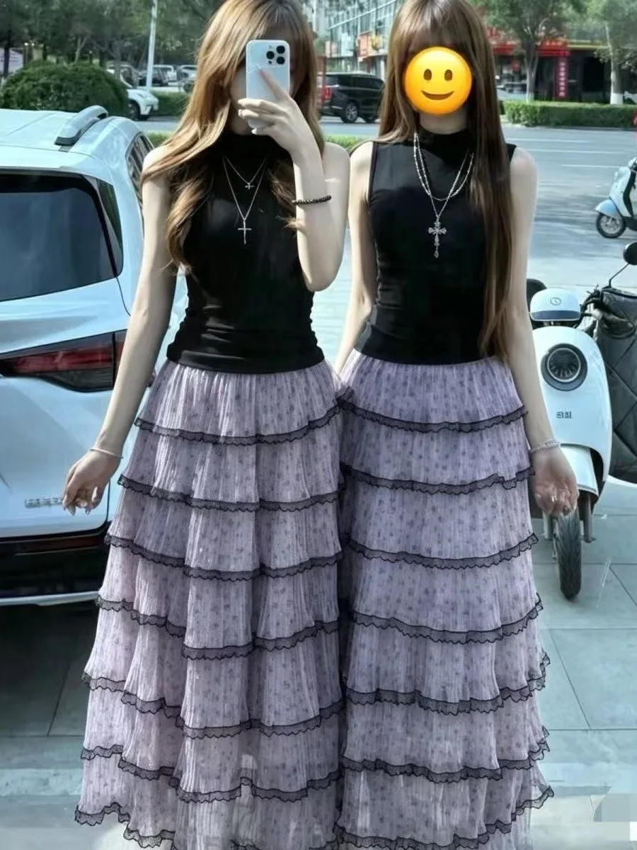 

Summer Sleeveless Vest Top Purple Floral Cake Skirt Long Dress High-End Feeling Elegance Matching Set Women Breathable Regula...