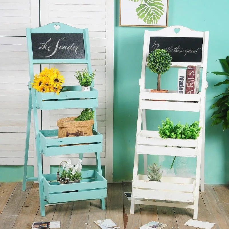 Zakka chalkboard succulent floor-to-ceiling flower stand multi-layer shelf ornament creative clothing store cafe soft wood