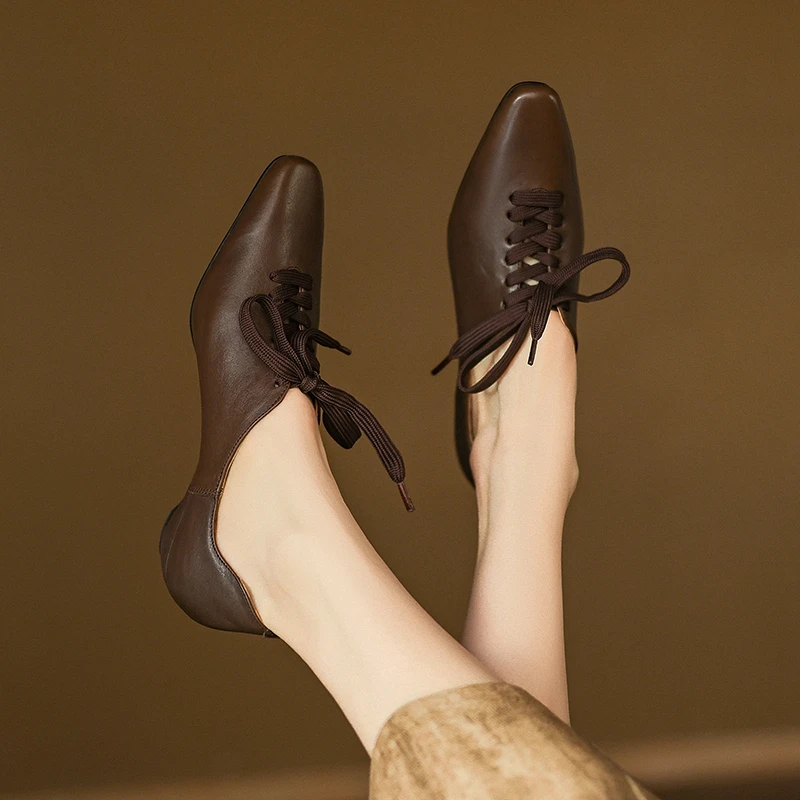 

Women's new spring and autumn genuine leather cowhide round toe retro mid heel plus size lace up Oxford shoes fashion shoes