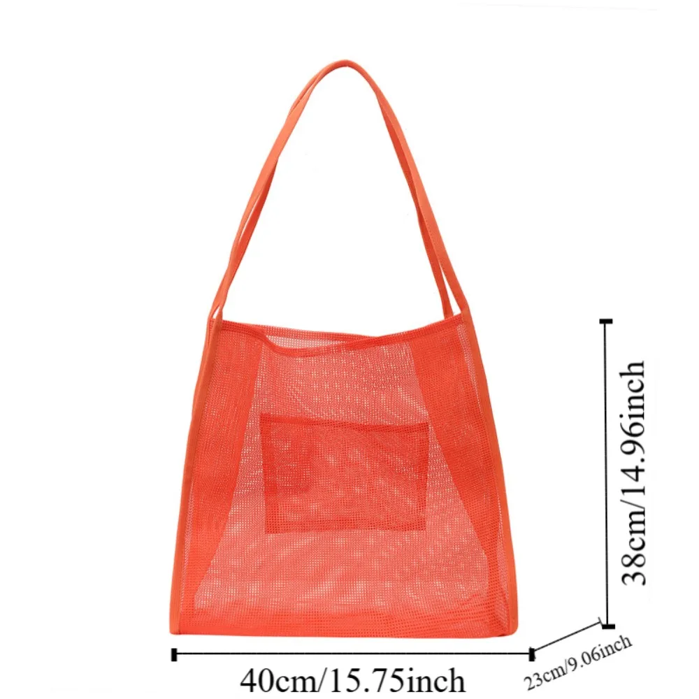 Nylon Mesh Shoulder Bag Transparent Large Capacity Beach Handbag Foldable Pockets Fluorescence Color Handbag Women