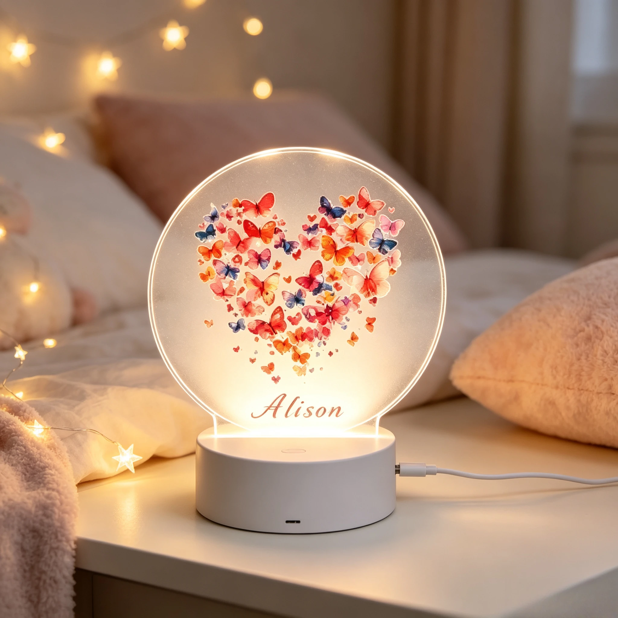 Personalized Name Heart‑Shaped Watercolor Butterfly Acrylic LED Night Light Custom Printed Name Lamp USB Bedside Decor Light Girls Bedroom Birthday Valentine Baby Shower Gift