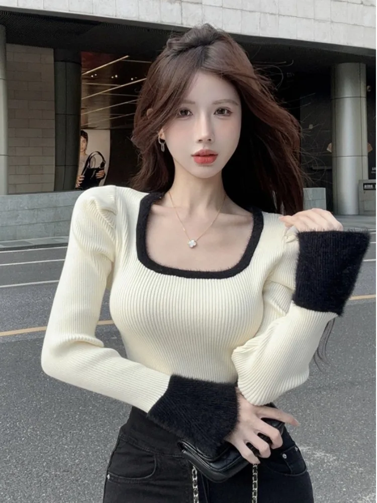 

Sexy Unique Knitted Sweater Women's Autumn Winter Bell Sleeve Square Collar Faux Fur Color Block Base Shirt Vintage Commute S...