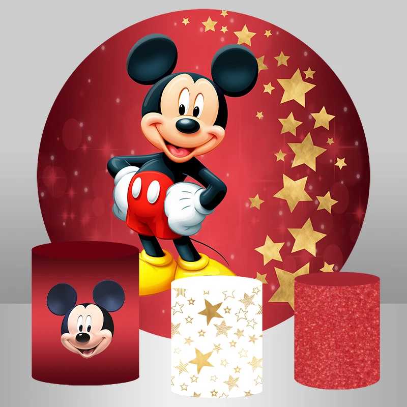 Red Mickey Mouse Round Circle Background For Photography Boys Cartoon Birthday Party Circle Backdrop Table Banner Cylinder Cover