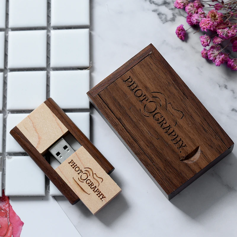 محرك فلاش USB خشبي قابل للدوران 128 جيجابايت شعار مخصص مجاني بندريف ذاكرة عصا + صندوق هدايا 8 جيجابايت 16 جيجابايت 32 جيجابايت 64 جيجابايت U القرص هدية الزفاف