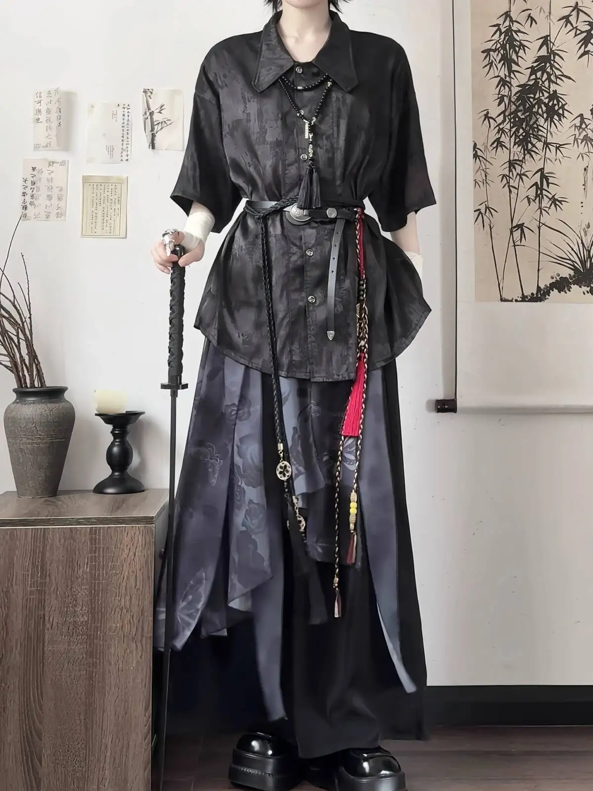 

2025 New Chinese Style Hanfu Women Fiesta Carnival Halloween Wuxia Night Black Cos Cosplay Guofeng Shirt Wide Leg Pants