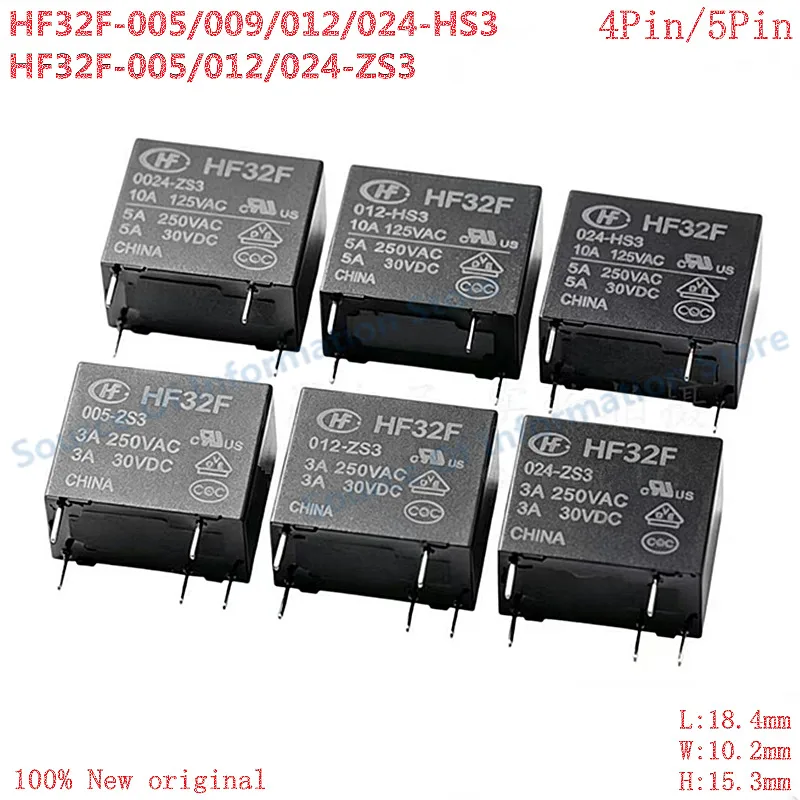 20Pcs HF32F-005/009/012/024-HS3-ZS3 Hongfa Power Relay 5V 9V 12V 24V 4Pin/5Pin 3A/5A JZC-32F 100% New