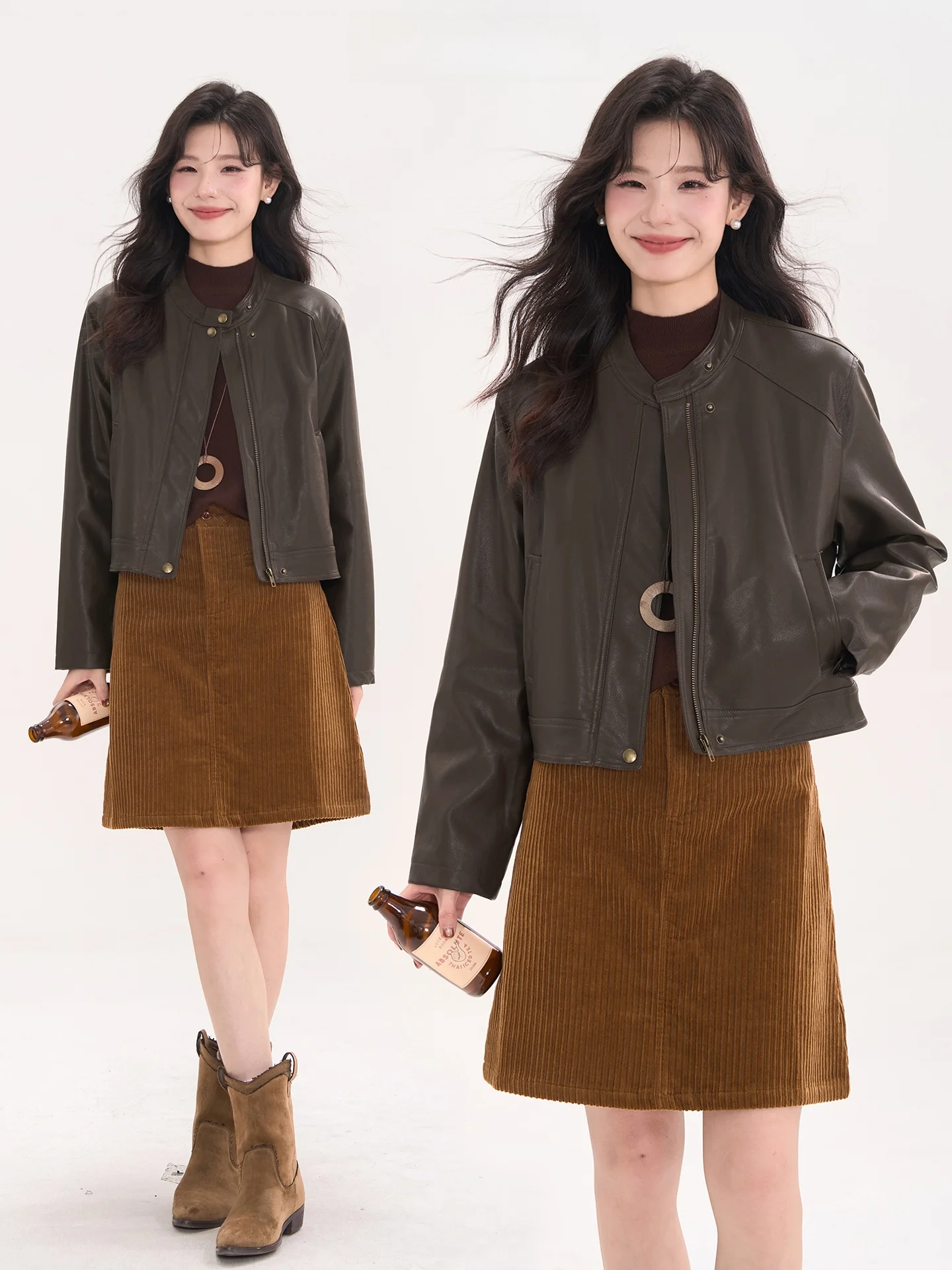 Sweet Cool Princ ort PU 가죽 자켓 여성용 심플 라운드 넥 지퍼 클로저 롱 슬리브 가을 아우터 코트