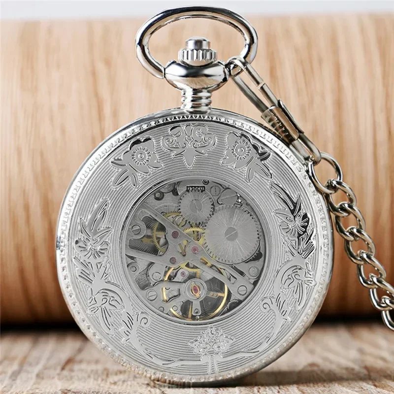 Black/Silver/Copper Men Women Mechanical Handwind Pocket Watch Locomotive Hollow Train Skeleton Clock Pendant FOB Chain reloj