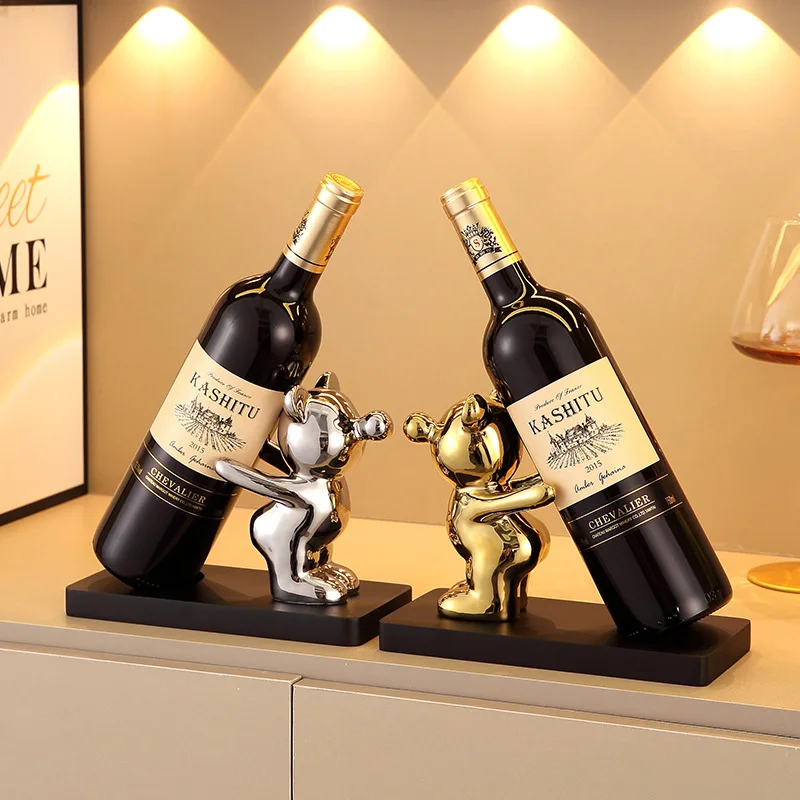 Estatua de estante de vino tinto de oso de peluche de cerámica, lujosa sala de estar de alta gama, decoración del hogar, área de comedor, mueble de TV, decoración del gabinete del vino