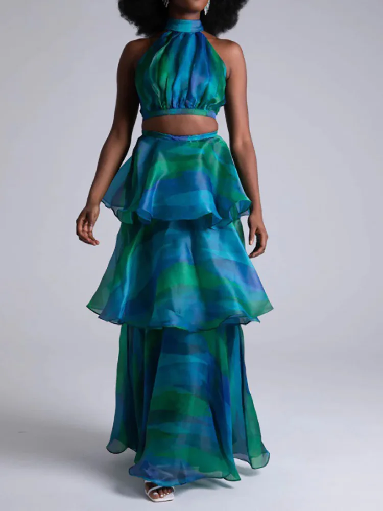 Sleeveless Fashion New Loungewear Skirt Set, Summer Women Hollow Sexy Patchwork Party Suit, Print Stand Collar Elegant 2pc Sets