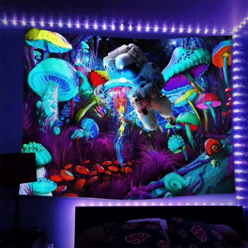 VIKAMA Blacklight Cosmonaut Fungi Woods Jellyfish Reactive Tapestry Psychedelic Wall Decor Room Accent Soft Durable Cozy Gift
