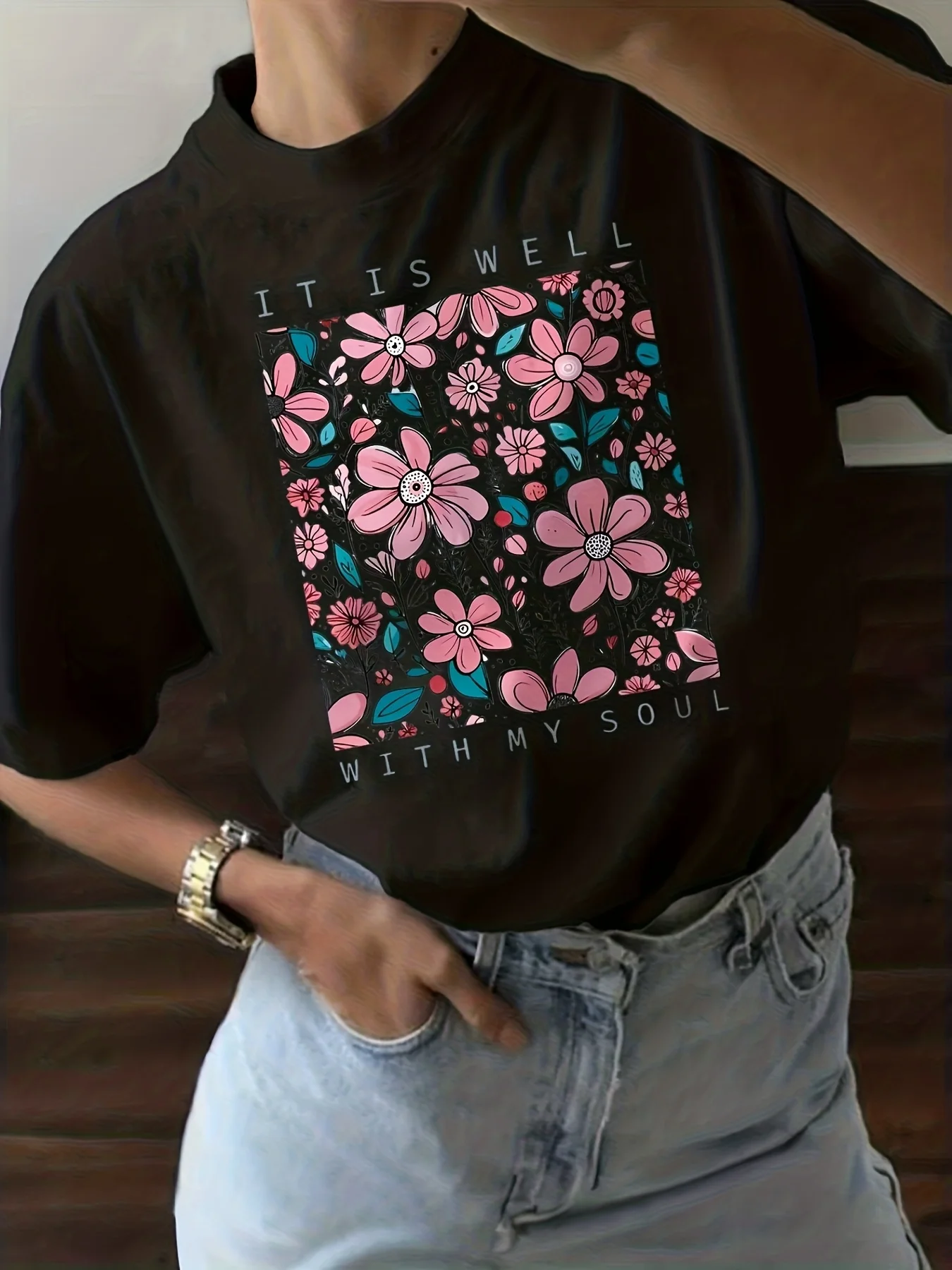 Summer Women's Fresh Flower  Print TShirt Unisex Cotton and Breathable Short Sleeve Streetwear Oversized Loose Casual