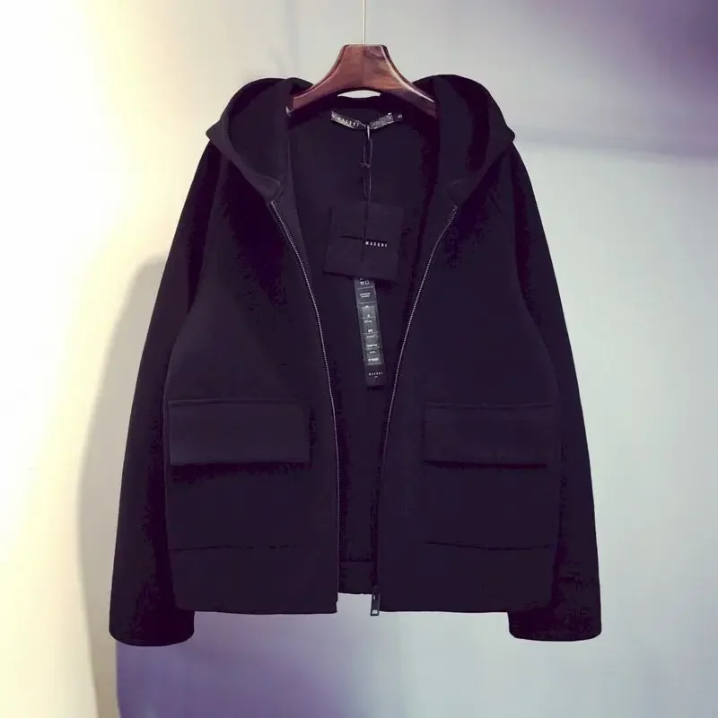 

Fashion Black Hoodies Women Autumn Winter Trendy Hooded Jackes Korean Style Short Baseball Uniform Casual Loose Thickened Coats