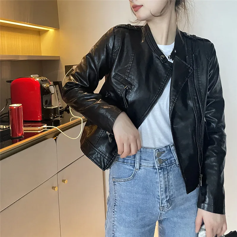 Spring Women Stand Collar Slim Short Faux Leather Coat Autumn Female Long Sleeve Cropped Biker Jacket Streetwear Pink Blue Black