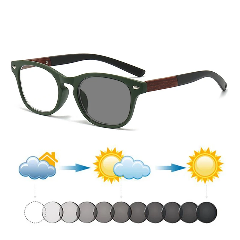 New Fashion Wood Print Design Women Rivets Photochromic Myopia Sunglasses Men Automatic Discoloration Nearsighted Sunnies 0~-6.0