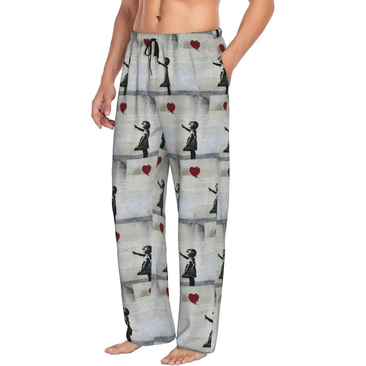 Custom Banksy Girl With A Red Balloon Pajama Pants Men Sleepwear Sleep Lounge Bottoms with Pockets