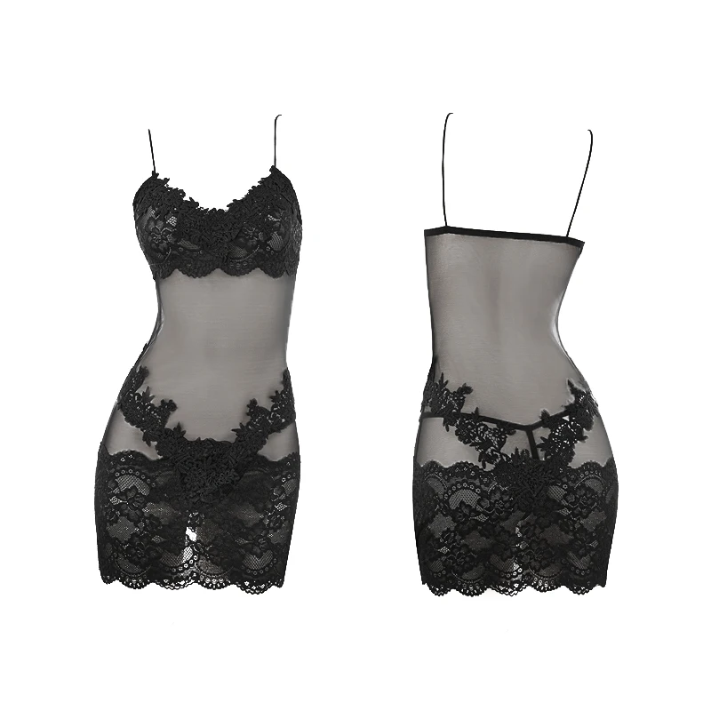 

Embroidered Lace Netting See-through Sleepwear Pure Desire Sexy Clothing Sling Dress Nightgown