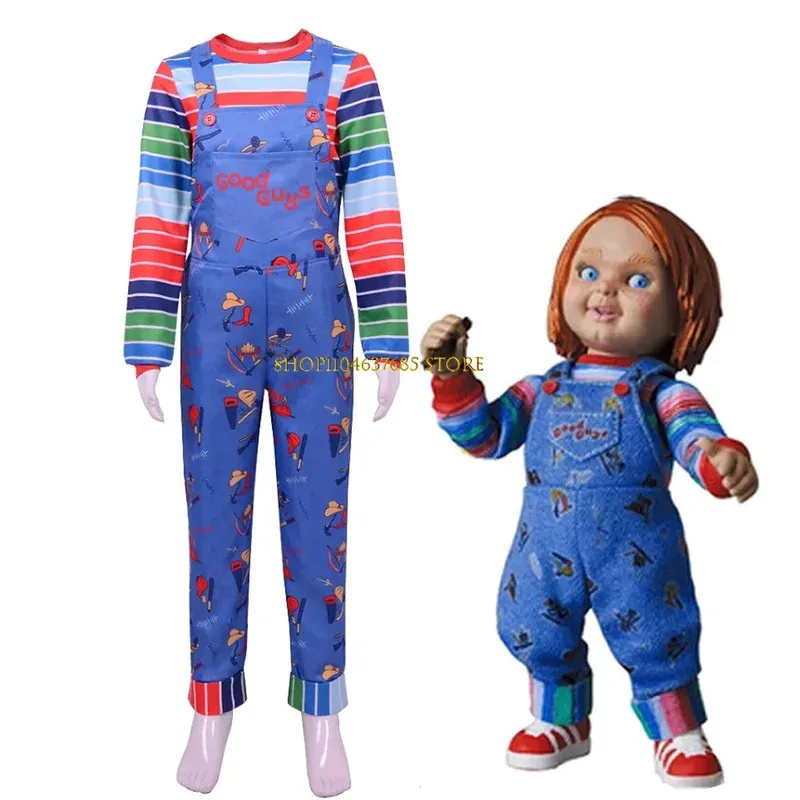 

Kids Chucky Cosplay Movie Horror Doll Rompers Kids Halloween Costume Scary Cosplay Set with Striped Shirt and Jumpsuit