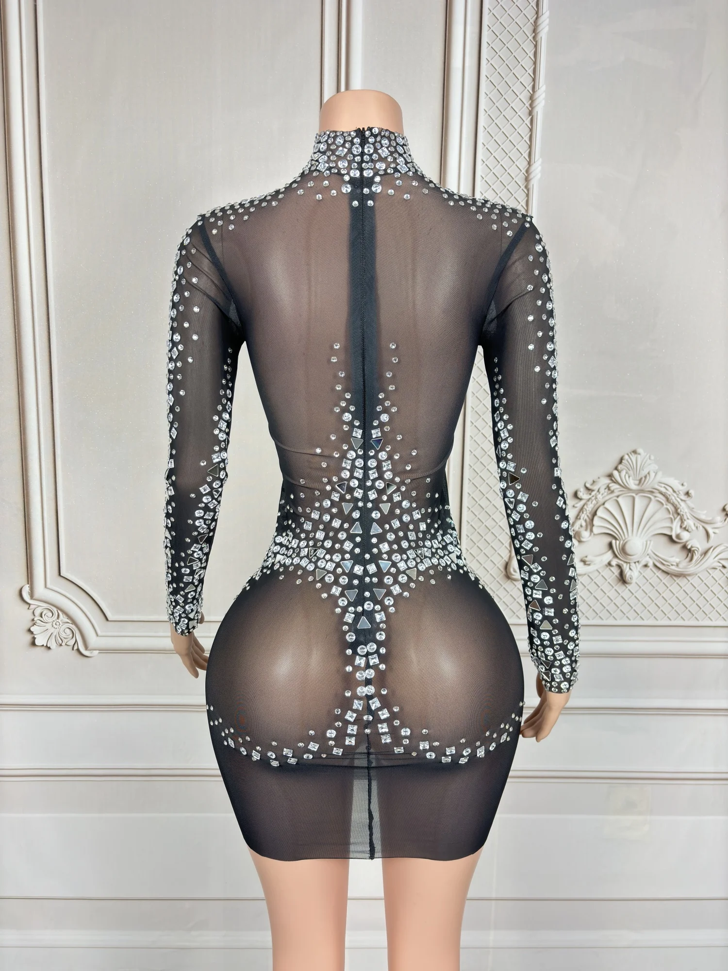 Yangfan Luxury Black Sheer Mesh Rhinestone High Neck Long Sleeve Bodycon Mini Dress Party Club Stage Outfit for Women