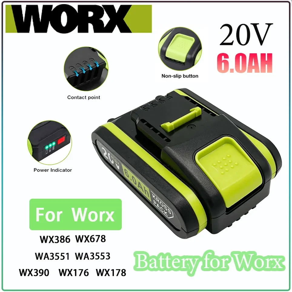 

Worx New Power Tools Rechargeable Replacement Lithium Battery 20V 6000mAh for Worx WA3551 WA3553 WX390 WX176 WX178 WX386 WX678