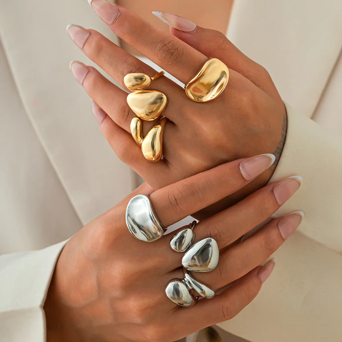 Minimalist Pleated Geometric Hug Ring Set Ins Style Irregular Unique Design Stackable Finger Band for Women