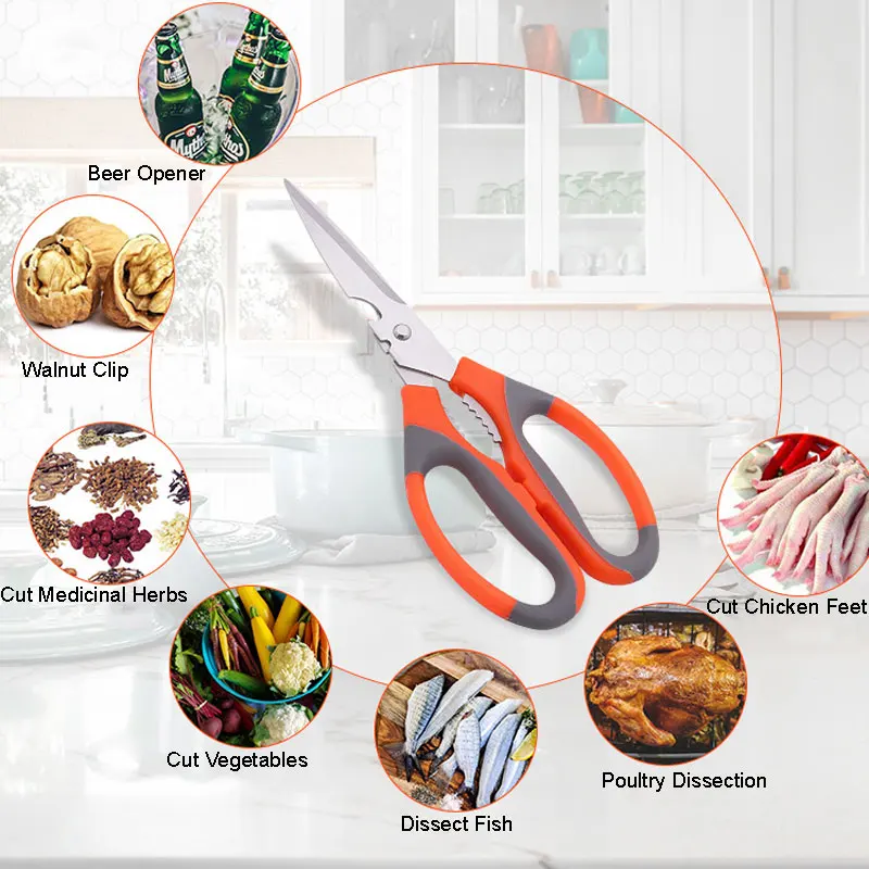 Forbici multifunzionali da cucina per uso domestico con taglio affilato in acciaio inossidabile con Clip in noce per apribottiglie