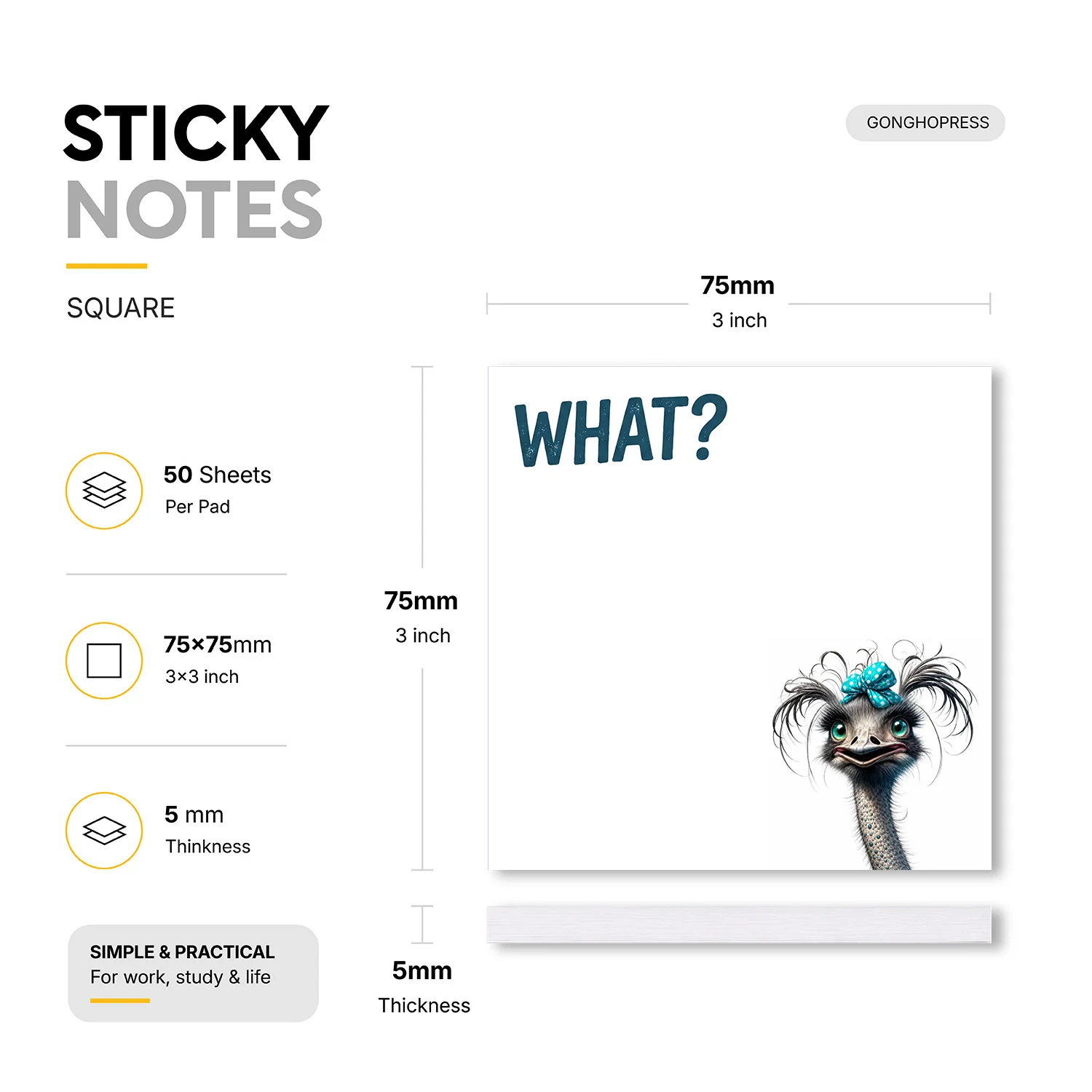 2pcs Funny Ostrich Meme Sticky Notes, “WHAT?” Viral Animal Self Stick Memo Pads, 100 Sheets Total, Cute Weird Bird Notepad