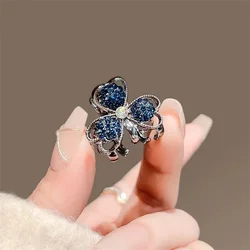 Blue Rhinestone Clover Mini Hair Clip Silver Alloy Small Claw For Bangs Side Hair Girls Lucky Charm Accessories Gift