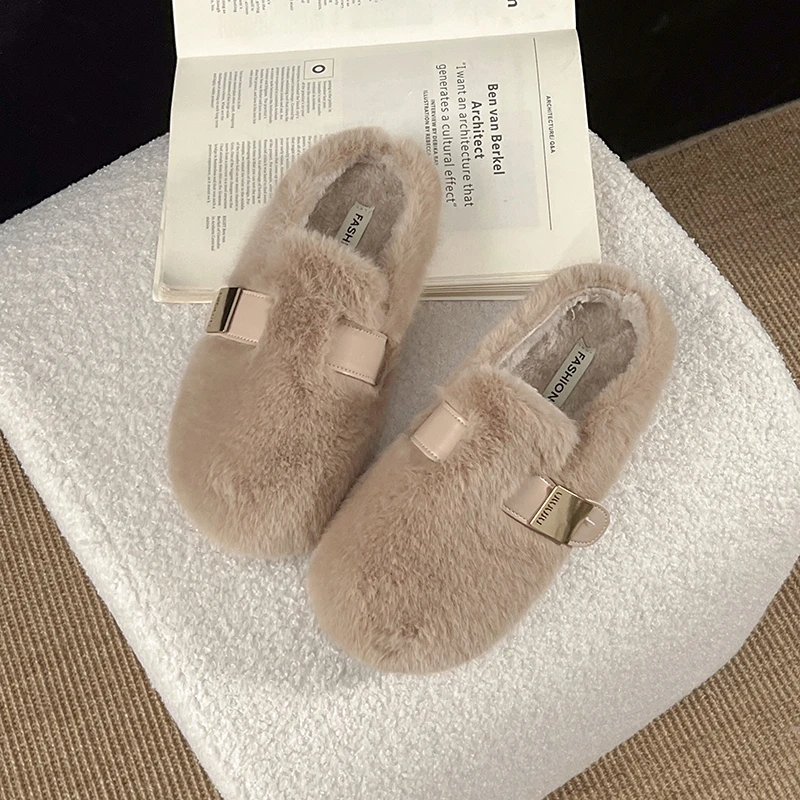 Fashion Buckle Women's Mule Fur Slippers 2025 Winter Warm Women's Flat Plush Shoes Casual Outdoor Non-slip Women's Cotton Shoes