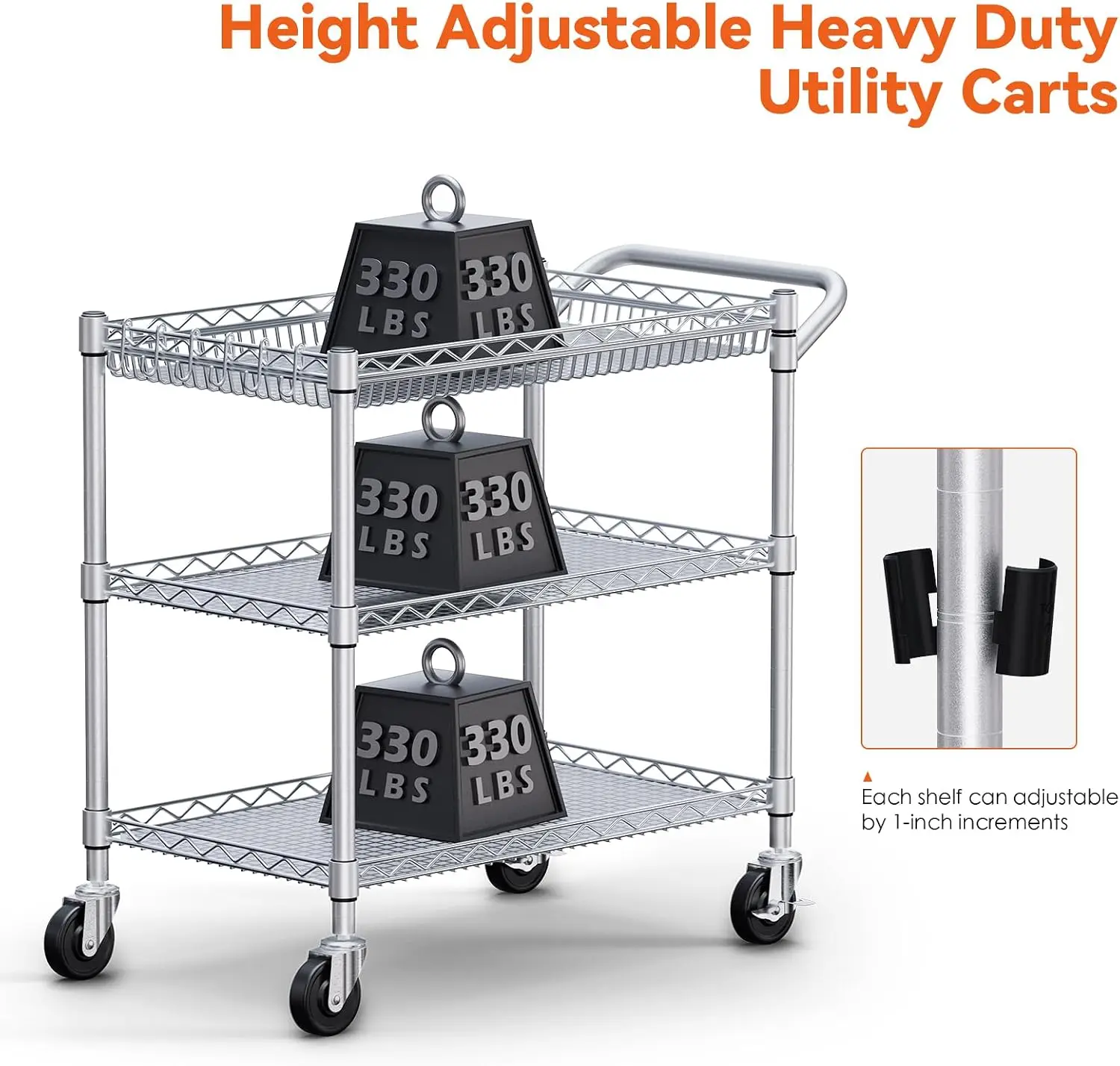 990Lbs Capacity Heavy Duty Rolling Utility Cart, NSF Rolling Carts with Wheels,Commercial Grade Metal Cart with Handle Bar