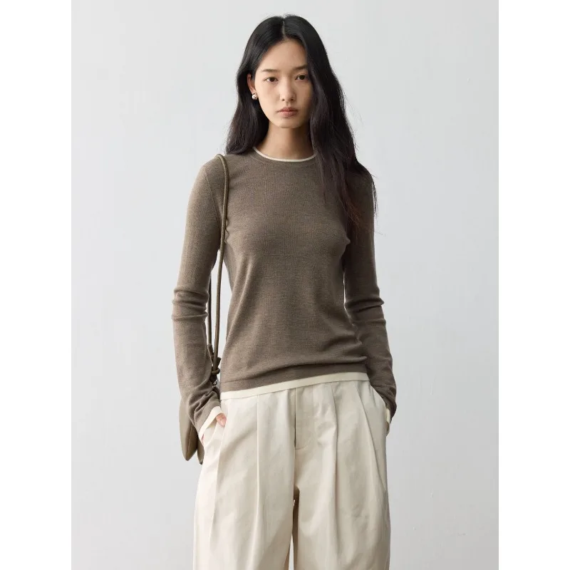 Quality static luxury _18 needle thickened dense weave German BY worsted wool color matching fake two-piece crew neck top