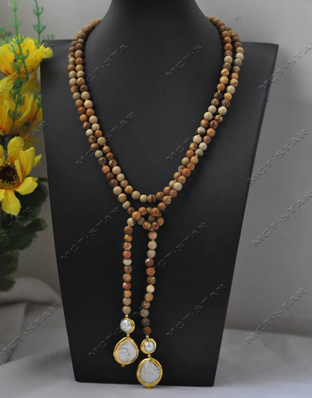 MTC·STAR  Z13443 50'' 20mm Natural Yellow Gemstone Round Bead Necklace Gold-Plated White Coin Pearl Pendant Custom Jewelry